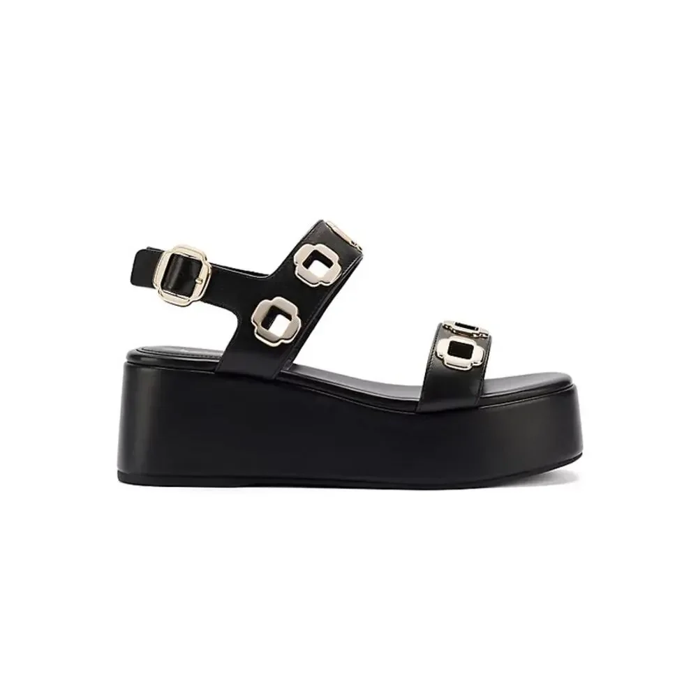 Larroude Milan Black Leather Grommet Flatform Sandals Size 9